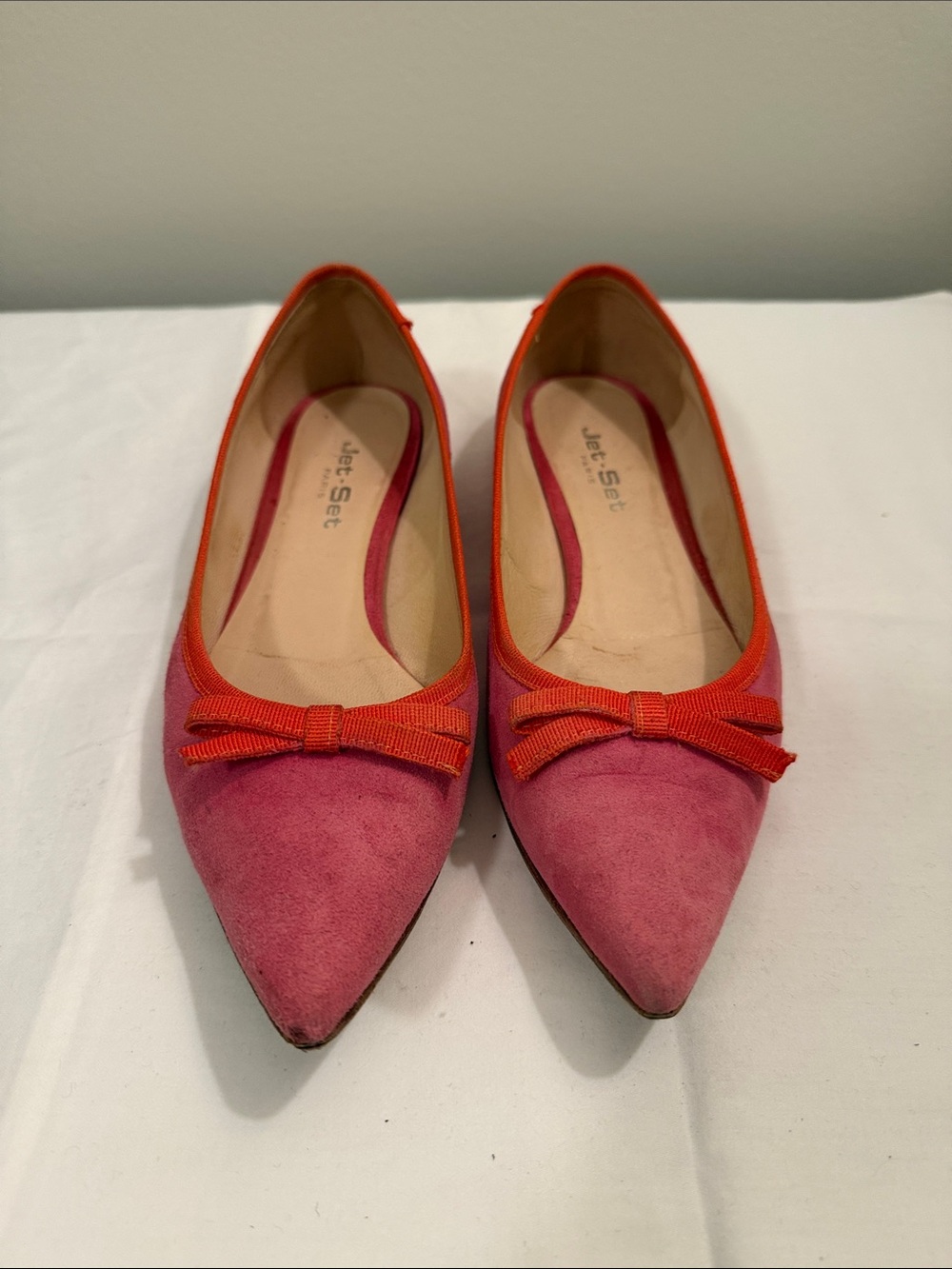 Jet-Set Pink Suede Pointed Ballet Flats with Orange Trim